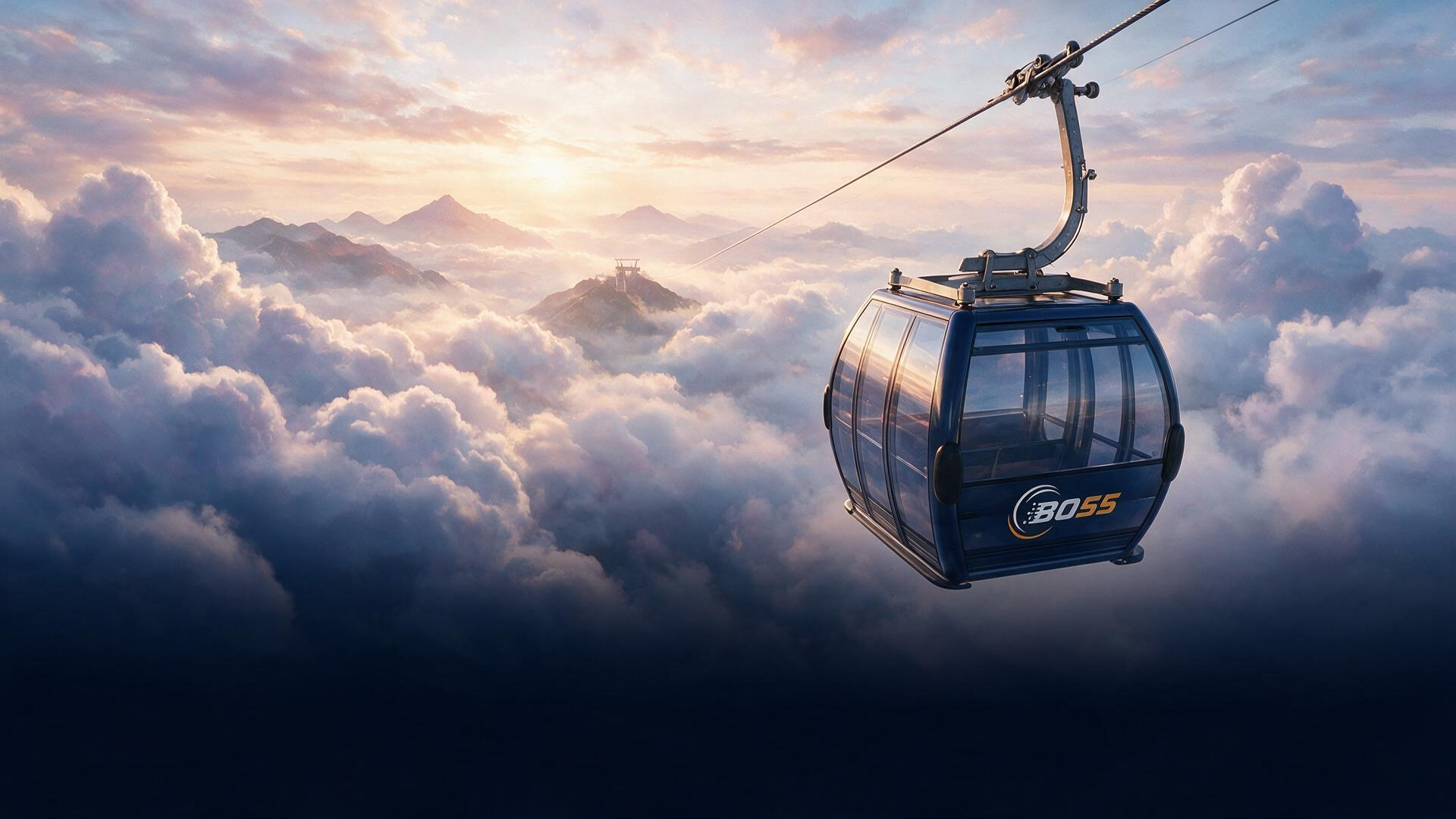 BO55 cable car gliding above a sea of clouds at sunrise